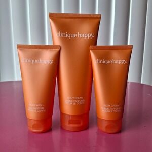 Clinique HAPPY Body Cream 6.7 & Body Wash 2.5 3 Piece Set Full & Travel Size
